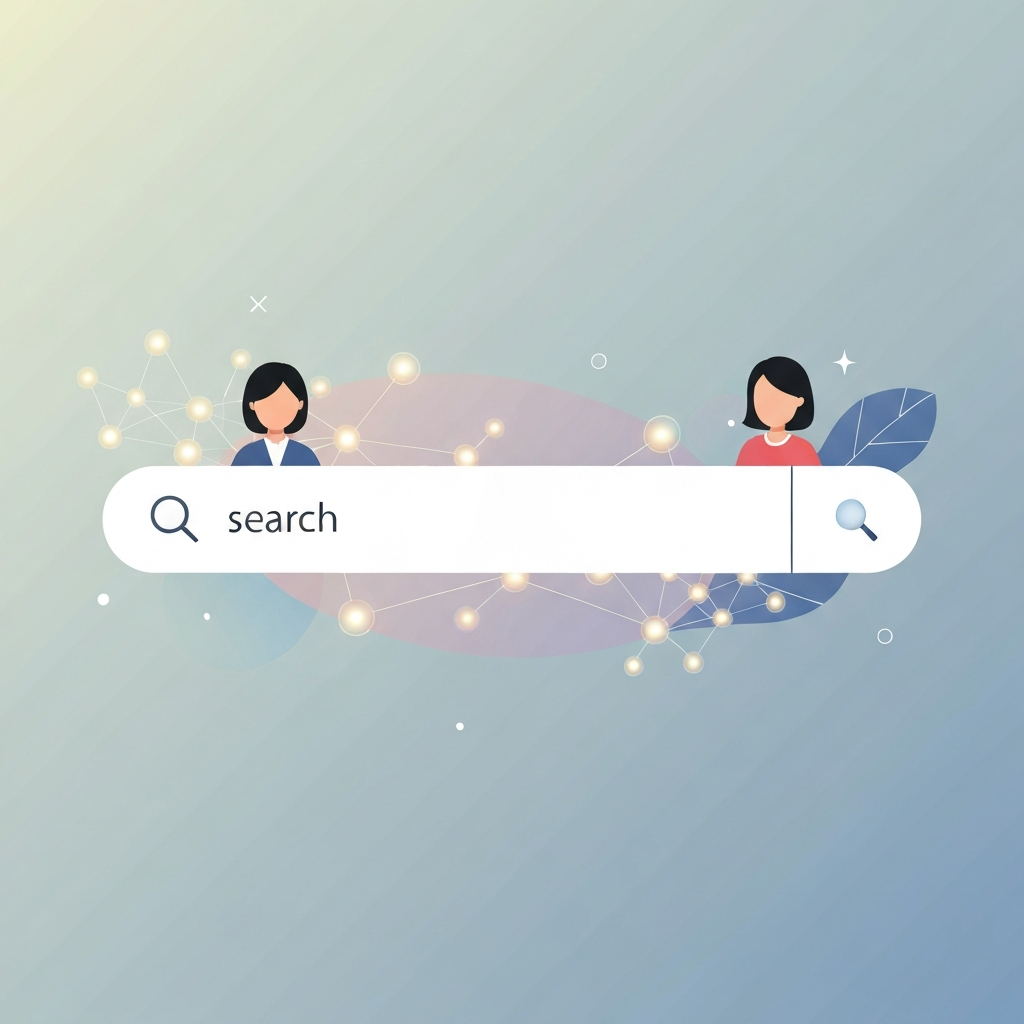 谷歌 AI SEO:優化內容,在 Google AI 摘要中脫穎而出 4 極簡風格插畫,描繪 Google AI 搜尋摘要的意象,包含搜尋欄和抽象的 AI 元素,背景為柔和漸層。